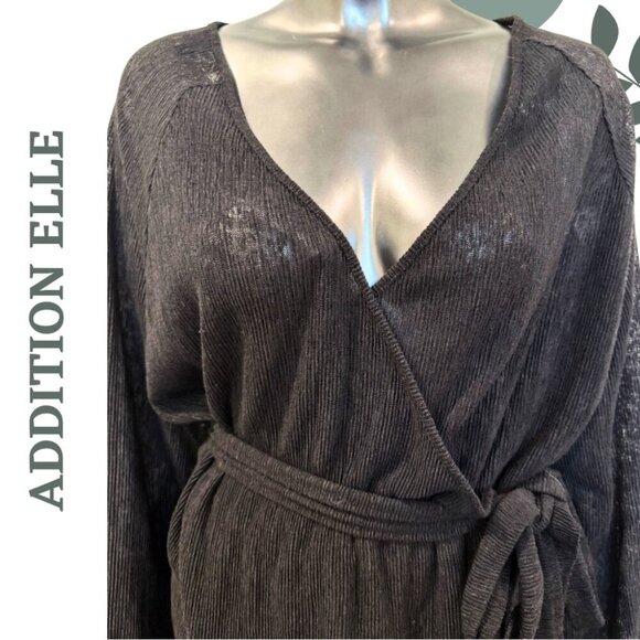 Addition Elle Black Sheer Ribbed Wrap Top with Waist Tie | V-Neck Top | Size 1X - Picture 6 of 7